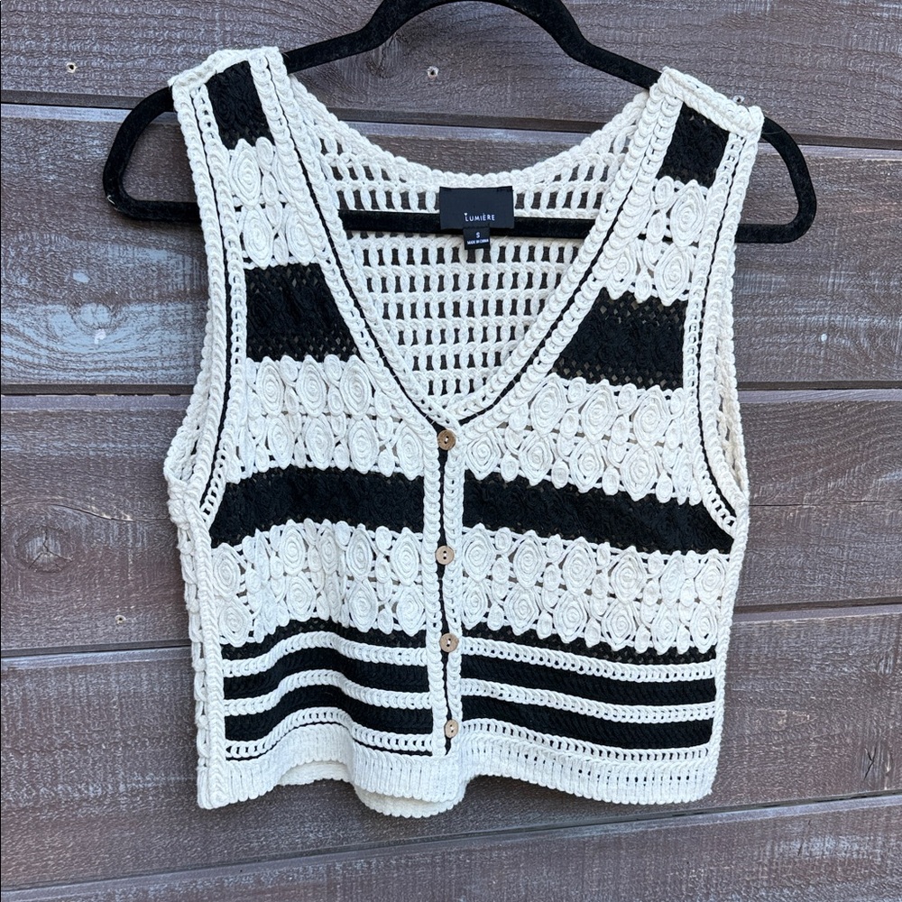 Lumiere Crocheted Vest Boho S Rosette Knit Cardigan Cream Black Festival Indie